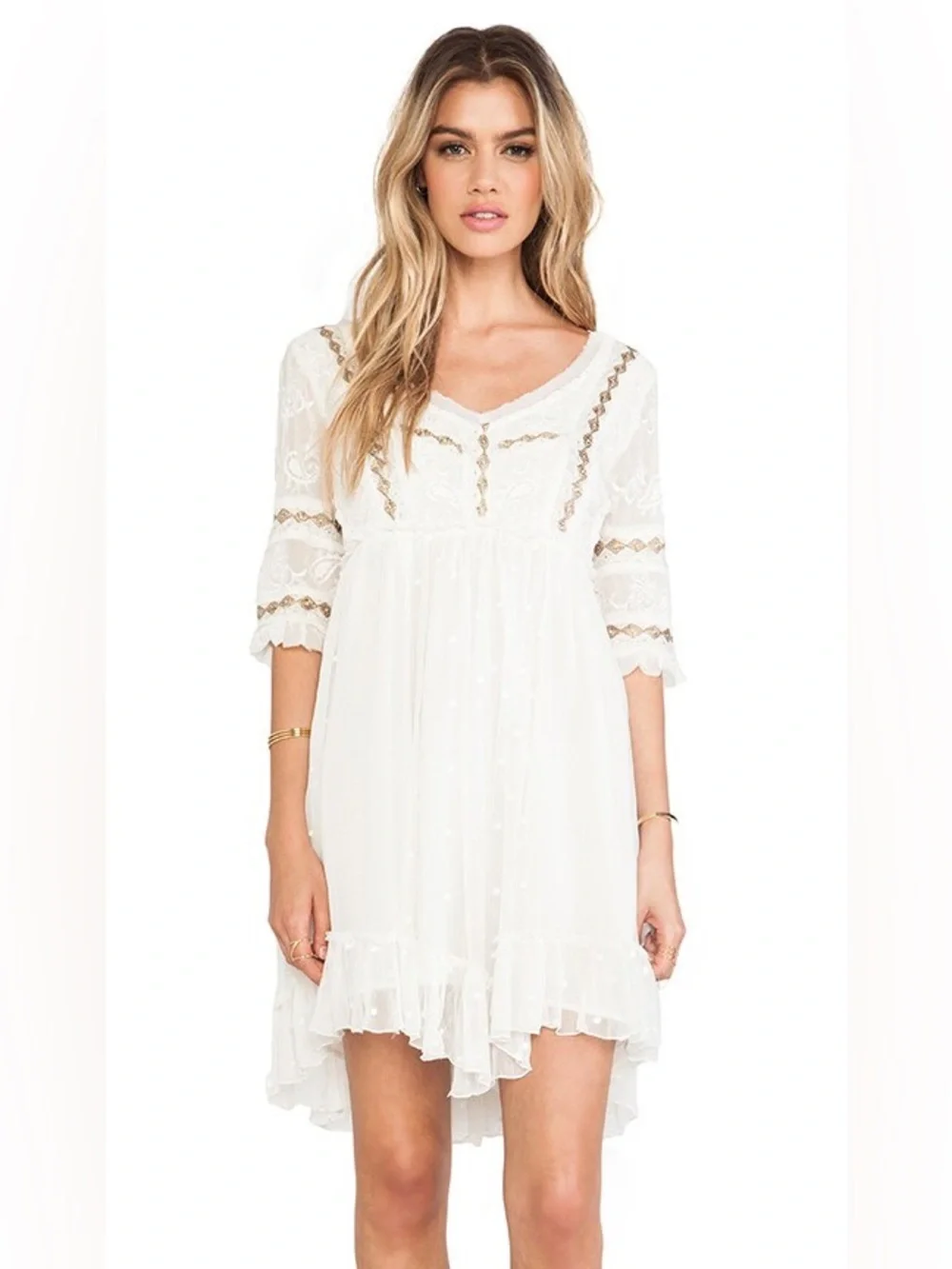 Free People Little Dot Mini Dress Vanilla Swiss Dot Ruffle Boho Cottagecore - S - Picture 2 of 11